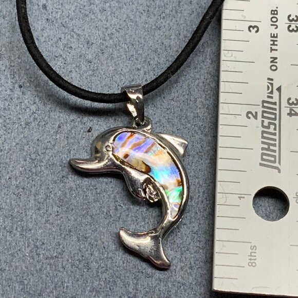 Dolphin Pendant Necklace 18 In Silver Mother of Pearl Rainbow Inlay Black Cord - Picture 4 of 6